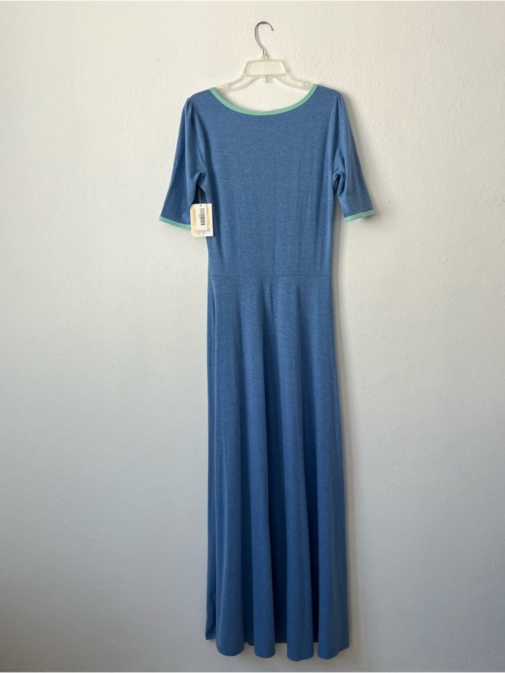 LuLaRoe Ana Maxi Dress  Boho Blue Heather with Mint Trim Short Sleeves Size L - Picture 4 of 15